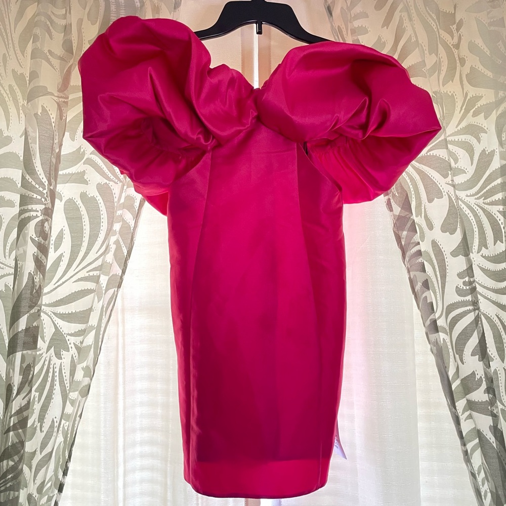 ASOS LUXE bubble bardot satin mini dress in pink - Picture 2 of 6